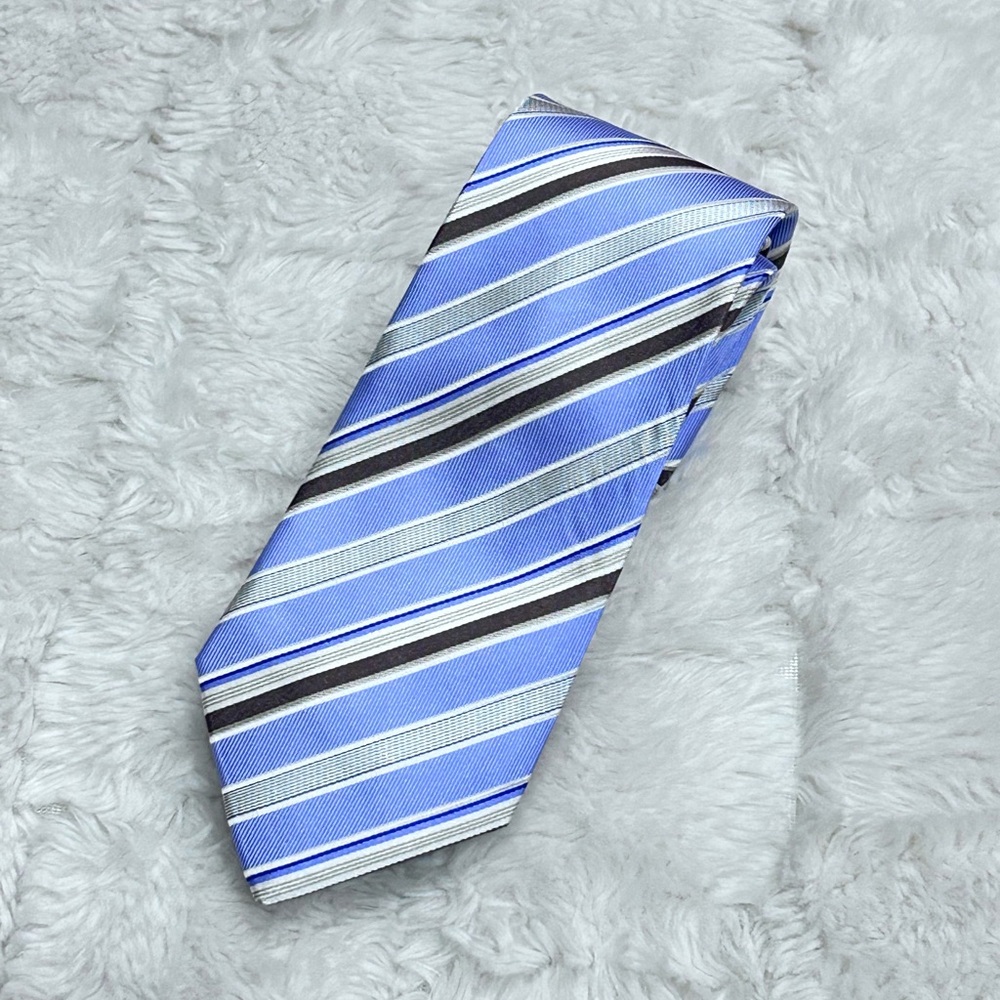 Hugo Boss Men’s Purple‎ Brown Gray & White Striped 100% Silk Tie Made in Italy